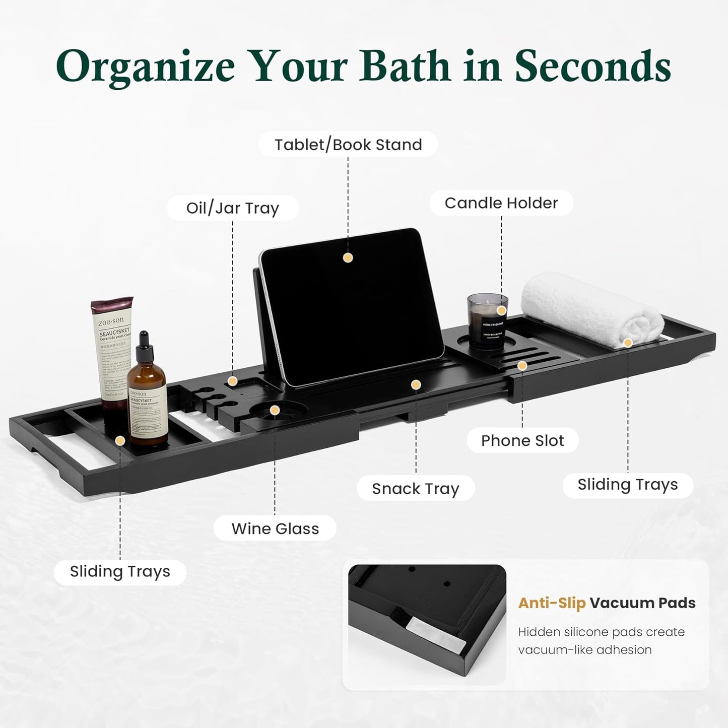 Teak Bathtub Tray | Adjustable Width Tray with Wine Holder, Tablet/Phone & Book Stand, Splash-Proof for Bath Time- Black