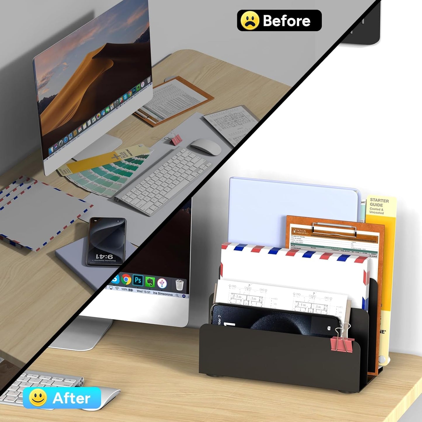 Mail Organizer Countertop, Small Desk File Organizer, Metal File Holder - Essential Workspace Organizers for Office Desk, Home Office (Black)