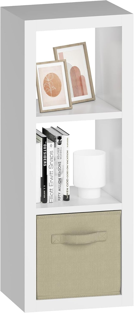 furtble 3 Cube Storage Organizer Shelf with Bins, White 3 Tier Bookcase with Fabric Storage Bins, Morden Bookshelf for Bedroom, Living Room, Closet, Office, 11.5" D x 11.5" W x 37.67" H