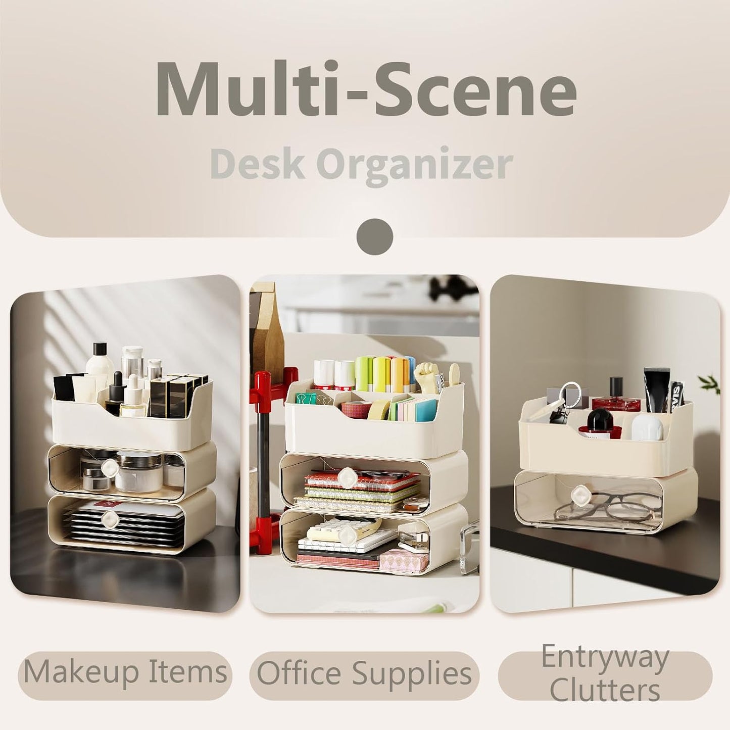 TEAMIX 3 Tier Desk Organizer with 2 Clear Drawers & 6 Slots, Stackable Desktop Drawer Organizer, Plastic Pencil Pen Holder Stationary Storage Makeup Organizer for Office/School/Art Supplies (White)