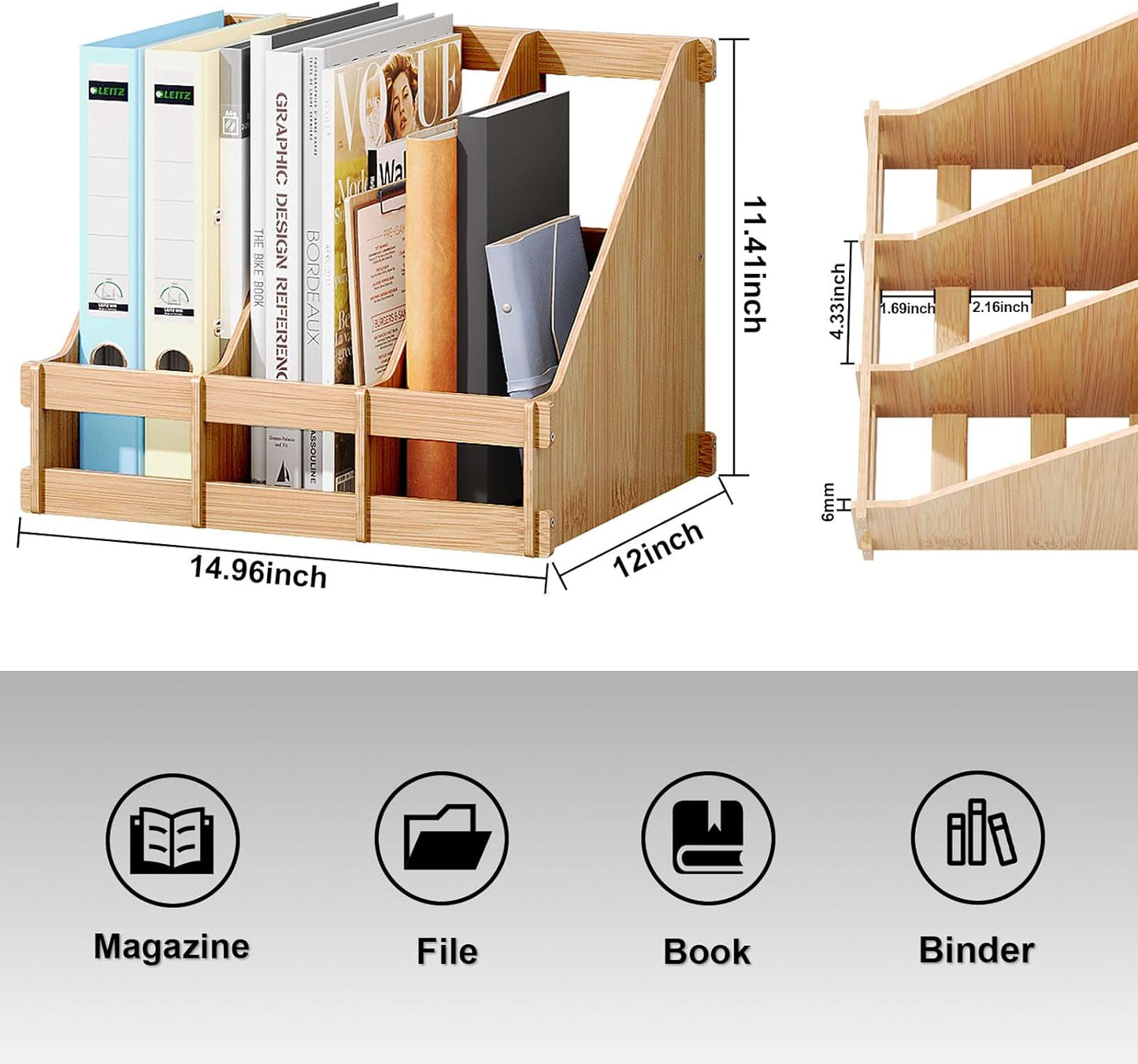 Bamboo Desktop Magazine Holder Desk File Organizer 3 Compartments Vertical File Dividers Book Holder Frames Document Cabinet Rack Storage Organizer Box for Home Office School Black (Nature)