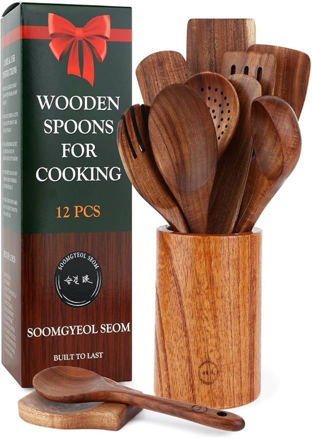 100% Natural Teak Wood Wooden Utensil Set – 12 Pcs Cooking Tools with Large Spoon Holder & Rest – Non-Stick, Heat Resistant, Durable, Food-Safe & Eco-Friendly Kitchen Gadgets