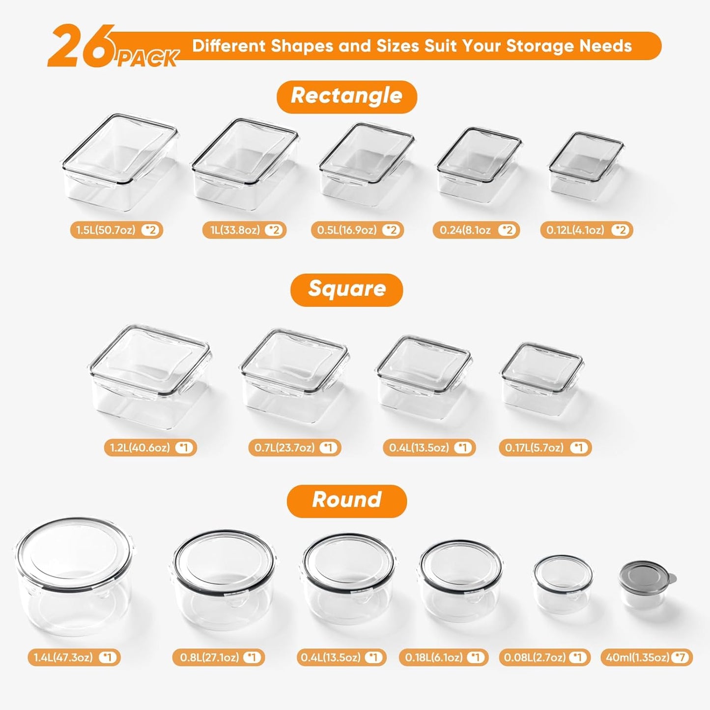 52 PCS Food Storage Containers with Lids (26 Containers & 26 Lids) - Airtight Leakproof Meal-Prep Container for Kitchen Storage and Organization, Reusable Plastic Food Containers with Labels & Pen