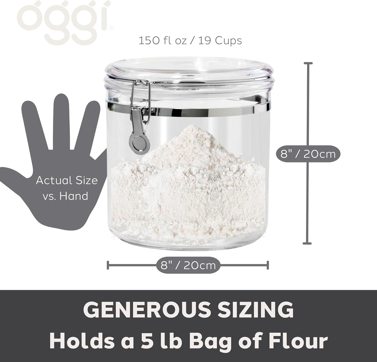 Oggi Jumbo Clear Canister with Clamp Lid, 150 oz - Airtight Food Storage Container, for Kitchen & Pantry Storage of Bulk, Dry Foods Including Pasta, Flour, Sugar, Coffee, Rice, Tea, Spices & Herbs