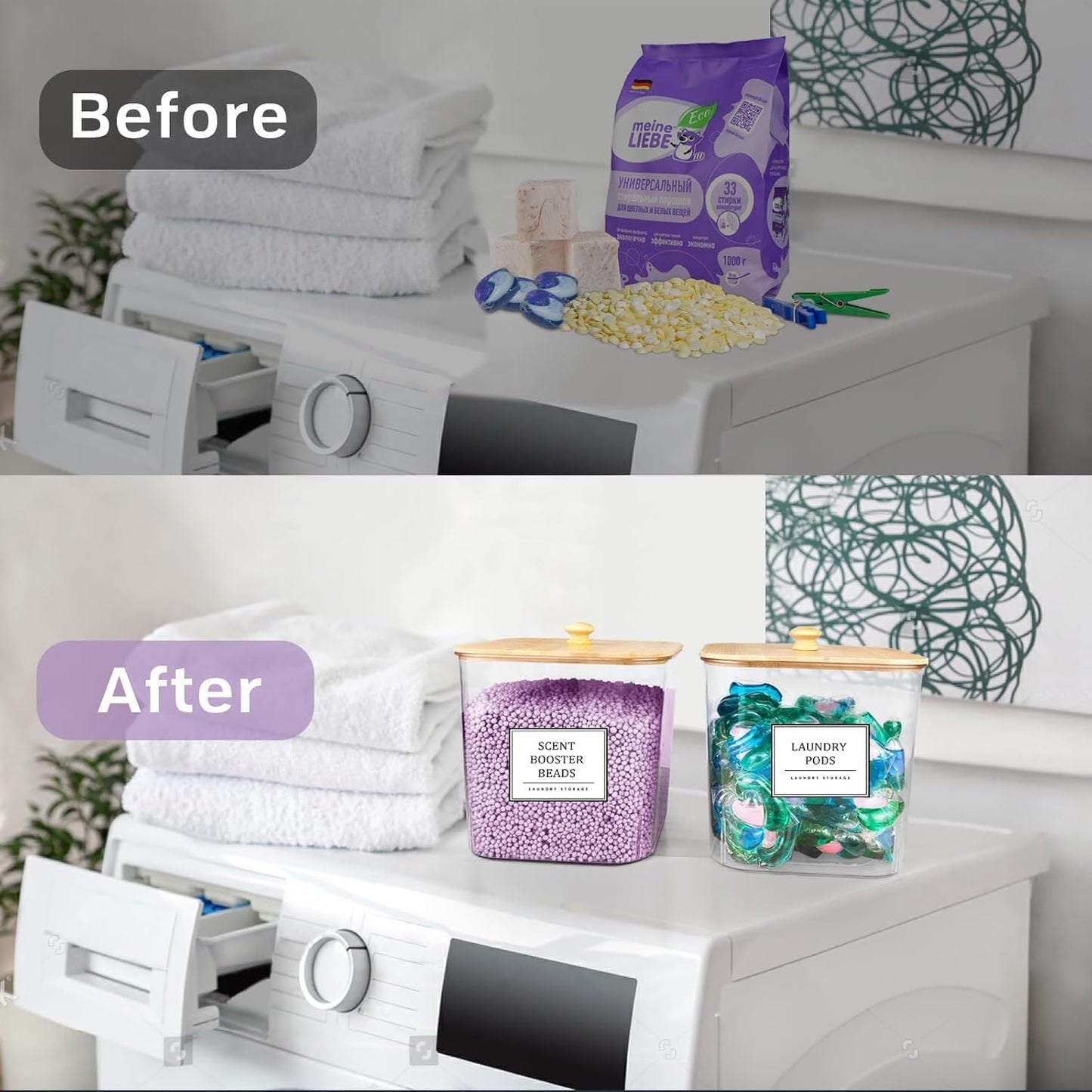 Laundry Pods Storage Container, Clear Laundry Room Organization and Storage,Detergent Powder Container,with Wooden Lids & Labels, 3+1 Pack