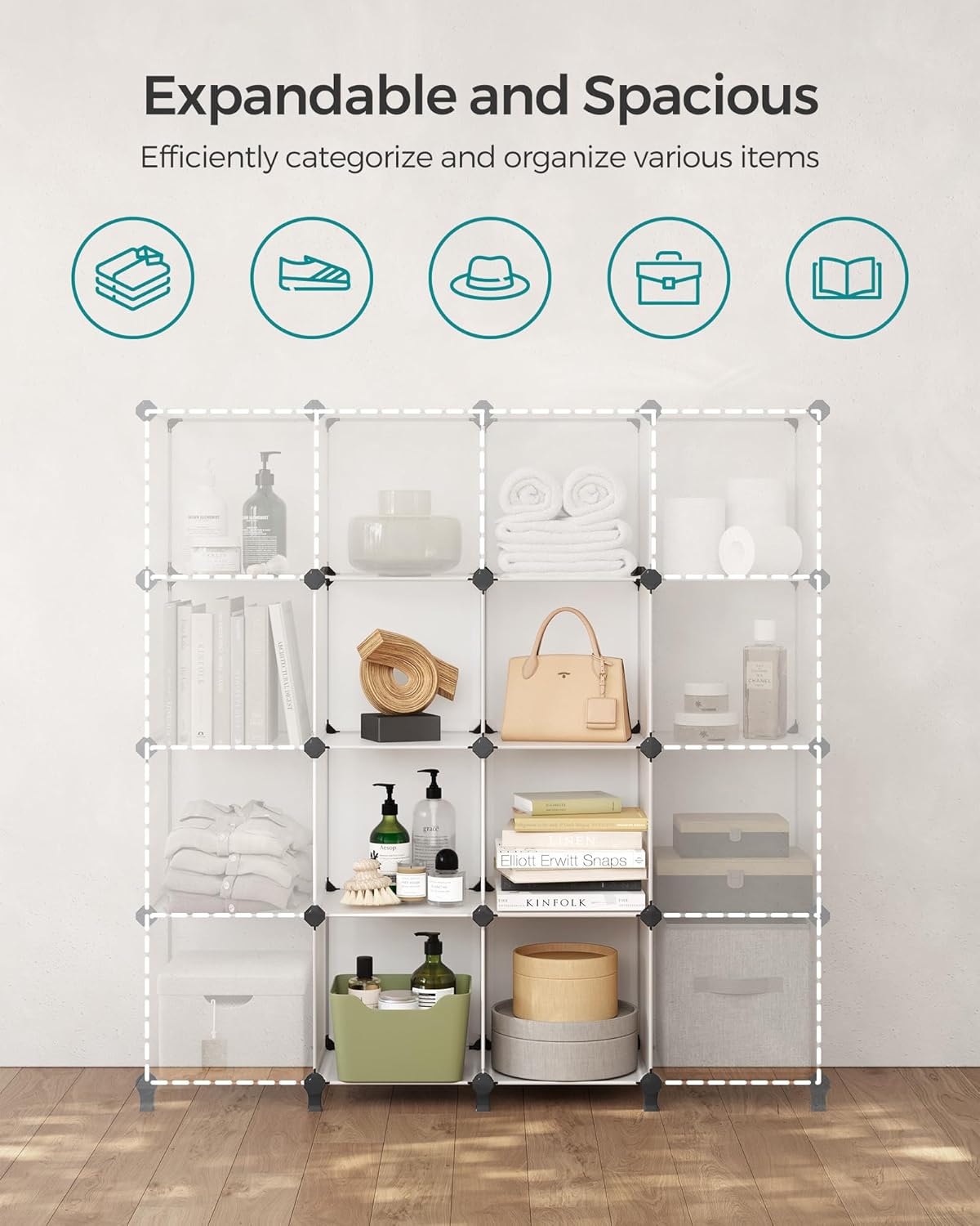 SONGMICS 6 Cube Storage Organizer, DIY Closet Shelf, Plastic Clothes Organizer, Modular Bookcase, 11.8 x 11.8 x 11.8 Inch Cubes, with Feet and Rubber Mallet, White ULPC06W