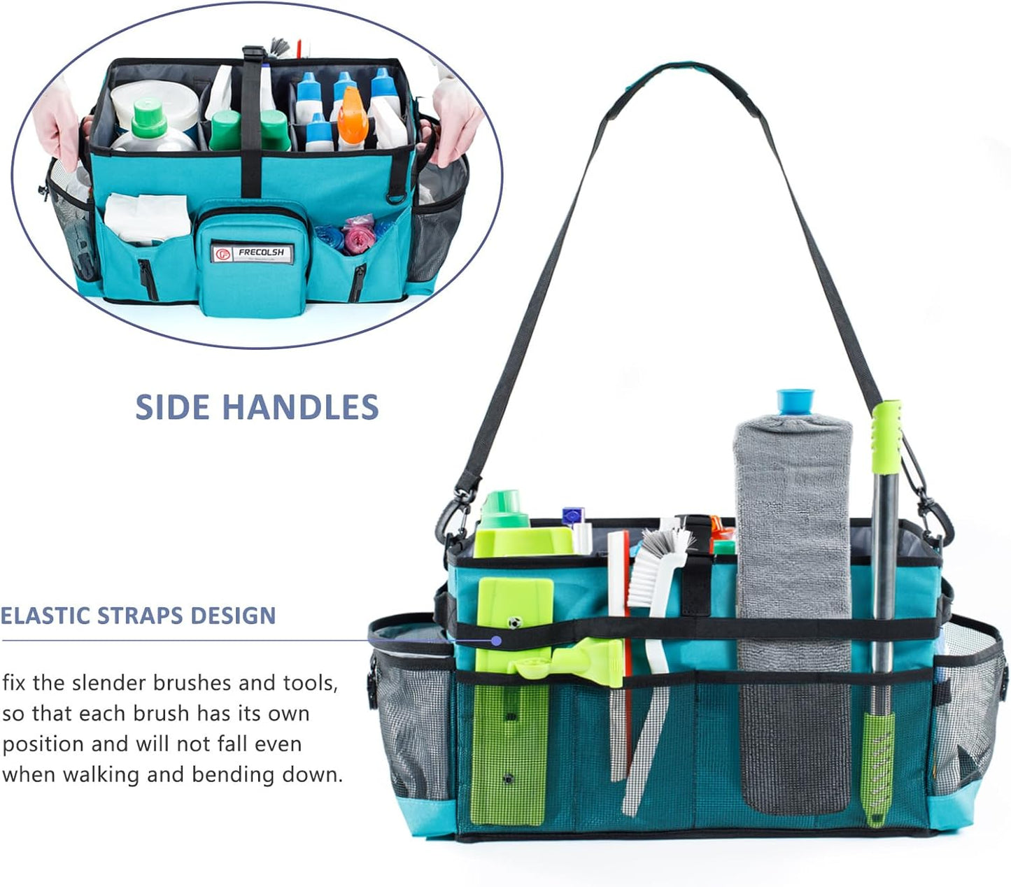 Large Cleaning Supplies Organizer-Cleaning Caddy Organizer With Handles & Shoulder Strap-Cleaning Bags for Cleaning Suppliers-Housekeepers Wearable Cleaning Tote 2023 Upgraded, Teal