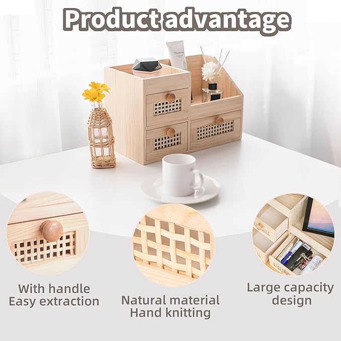 GYASVWU Bamboo Desk Organizer-No Assembly Required,Mini Bamboo Desk Drawer Organizer,Tabletop Storage Box for Office/kitchen counter/Bedroom, No Assembly Required (3 Drawer with Shelf)