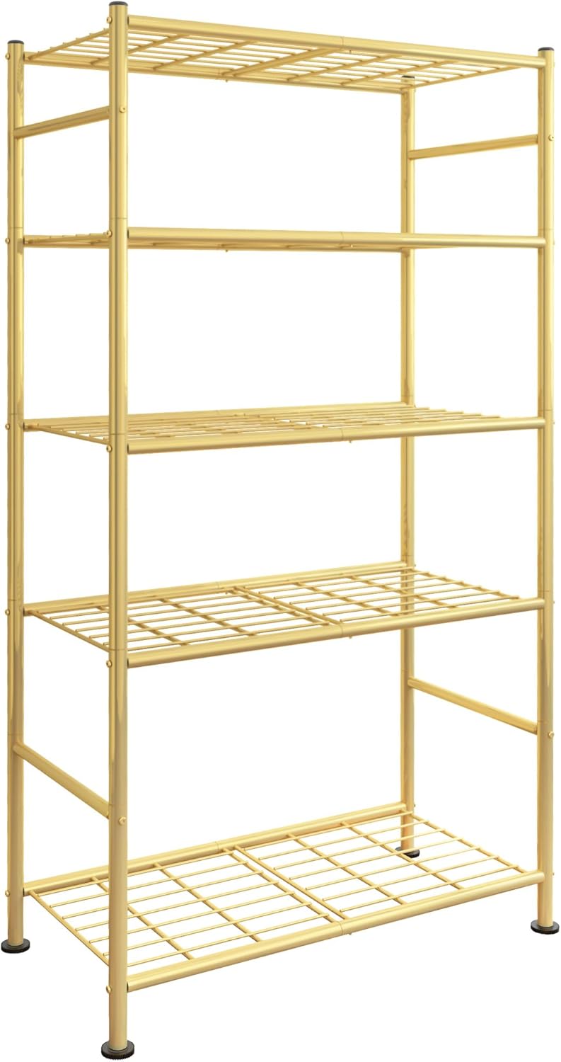 Storage Shelves - 5 Tier Shelf Organizer, Heavy Duty Garage Shelving Unit with Leveling Feet, Stable Metal Shelves Organizer for Pantry, Kitchen and Closet, 33.0" W x 12.6" D x 72.0" H, Gold
