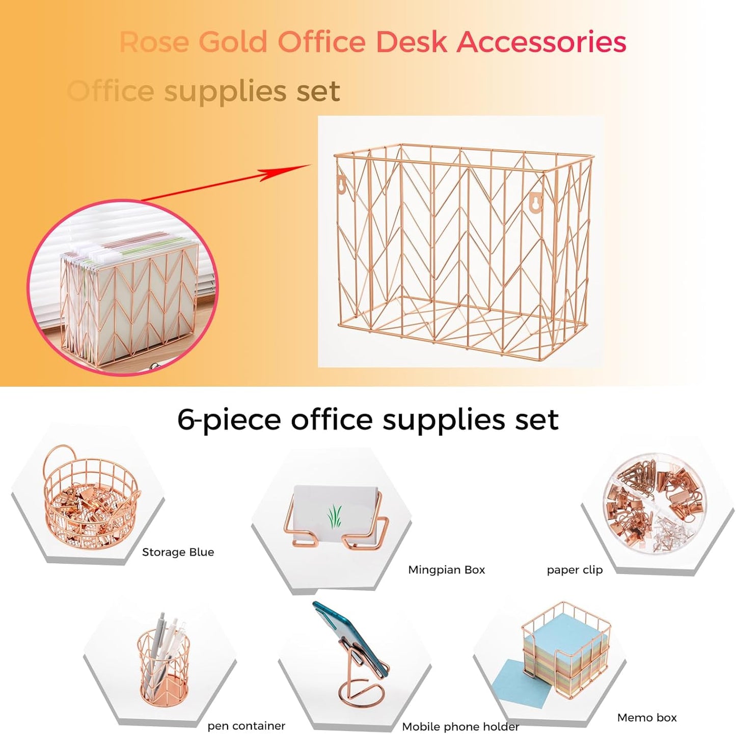 Hanging Rose Gold File Organizer, equipped with a 6-piece set of rose gold desktop accessories