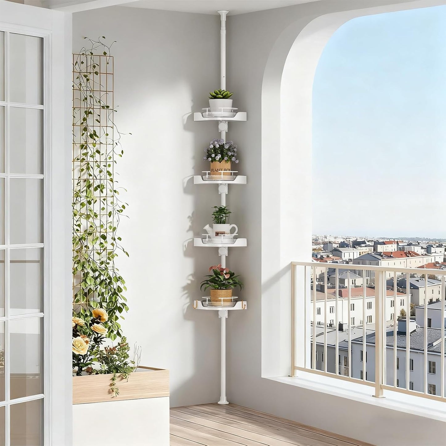 Shower Caddy Tension Pole with 4 L-Lazy Susan Organizer 360 Rotating 35-128 Inch No Drilling Floor Standing Shelves Adjustable Shower Rack for Bathroom Corner (White)