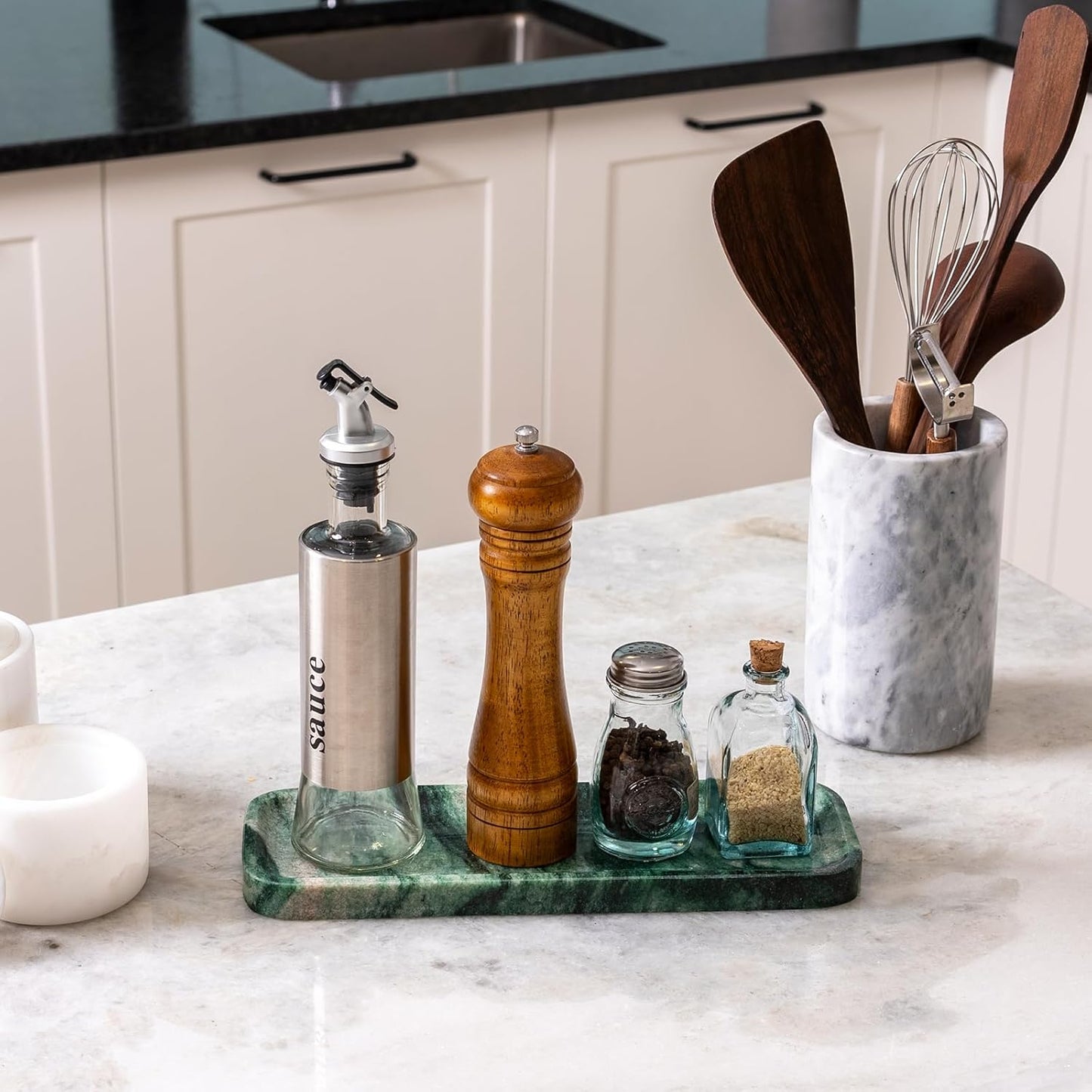 Koville Marble Tray for Bathroom Sink, 12"x4" Natural Stone Vanity Tray for Kitchen Dresser Countertop, Rectangular Decorative Marble Tray for Jewelry Perfume Trinket(Green)