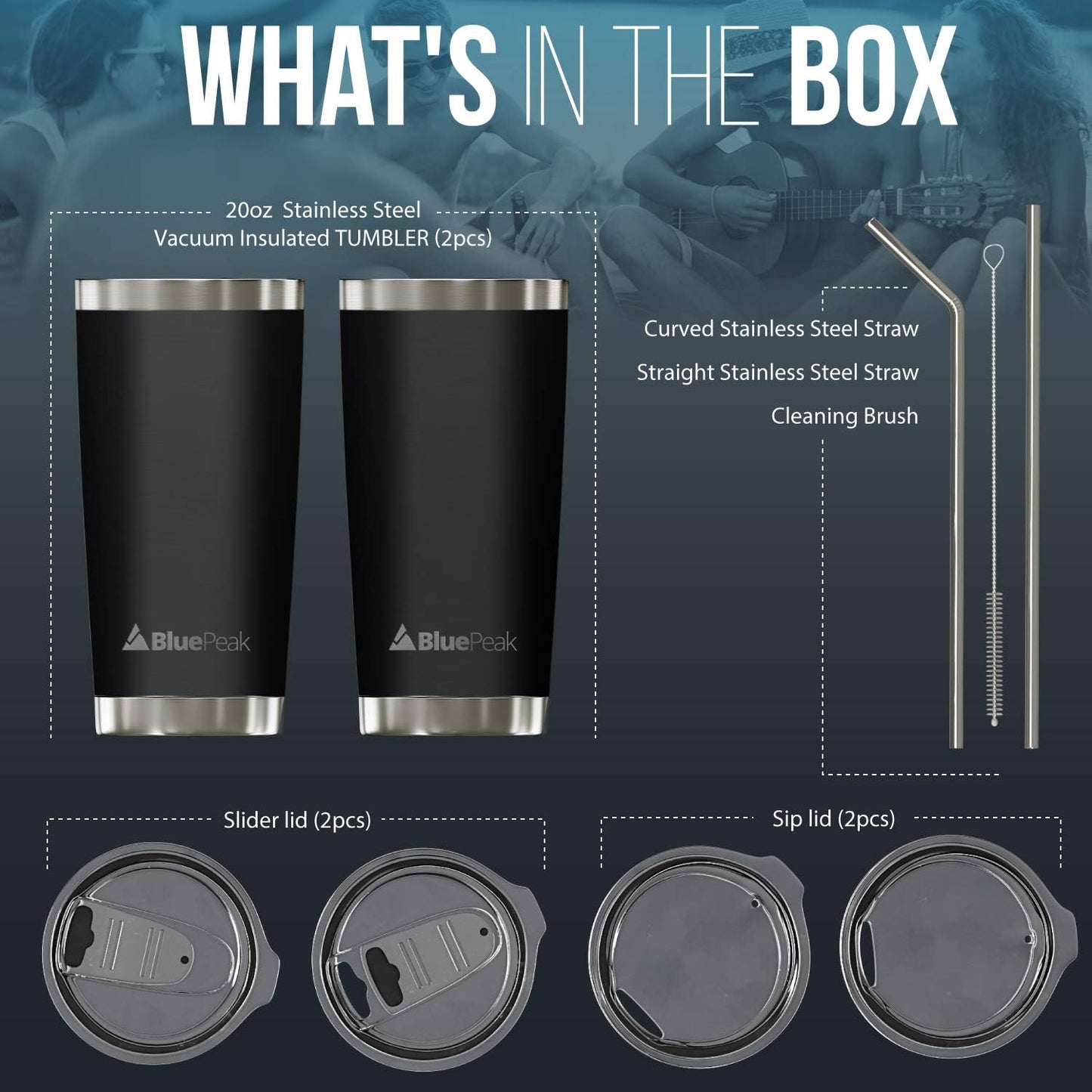 BluePeak Double Wall Vacuum Stainless Steel Insulated Tumblers Set, 2-Pack - Includes 2 Sipping Lids, 2 Spill-Proof Sliding Lids, 2 Straws, 1 Cleaning Brush & Gift Box (30 oz, Black)