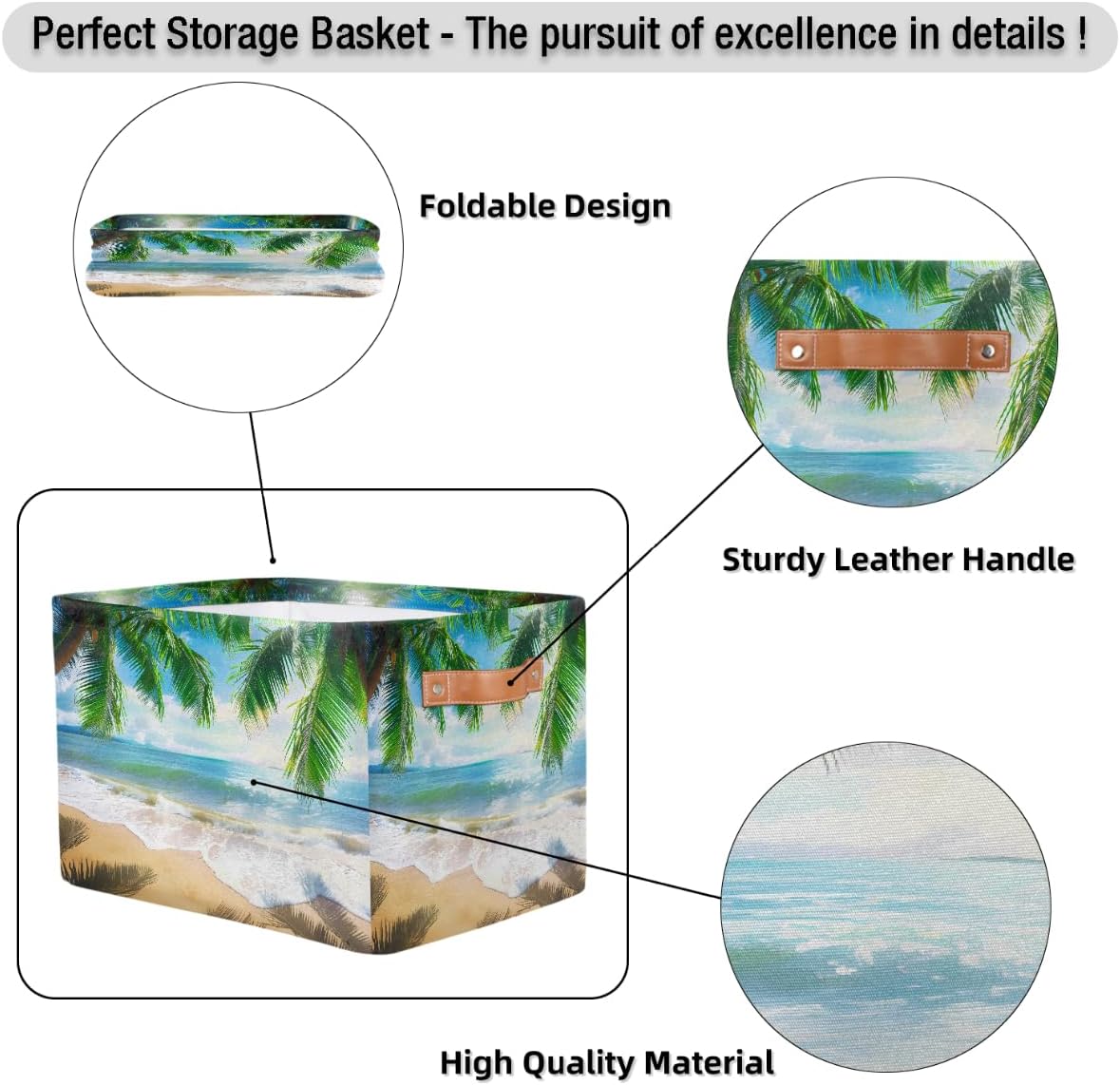 Beach Tropical Coconut Tree Storage Basket for Shelves, Storage Bins with Handles, Collapsible Basket for Organizing, Closet Toy Baskets for Nursery Room, 15x11x9.5 in, Canvas, Summer Beach