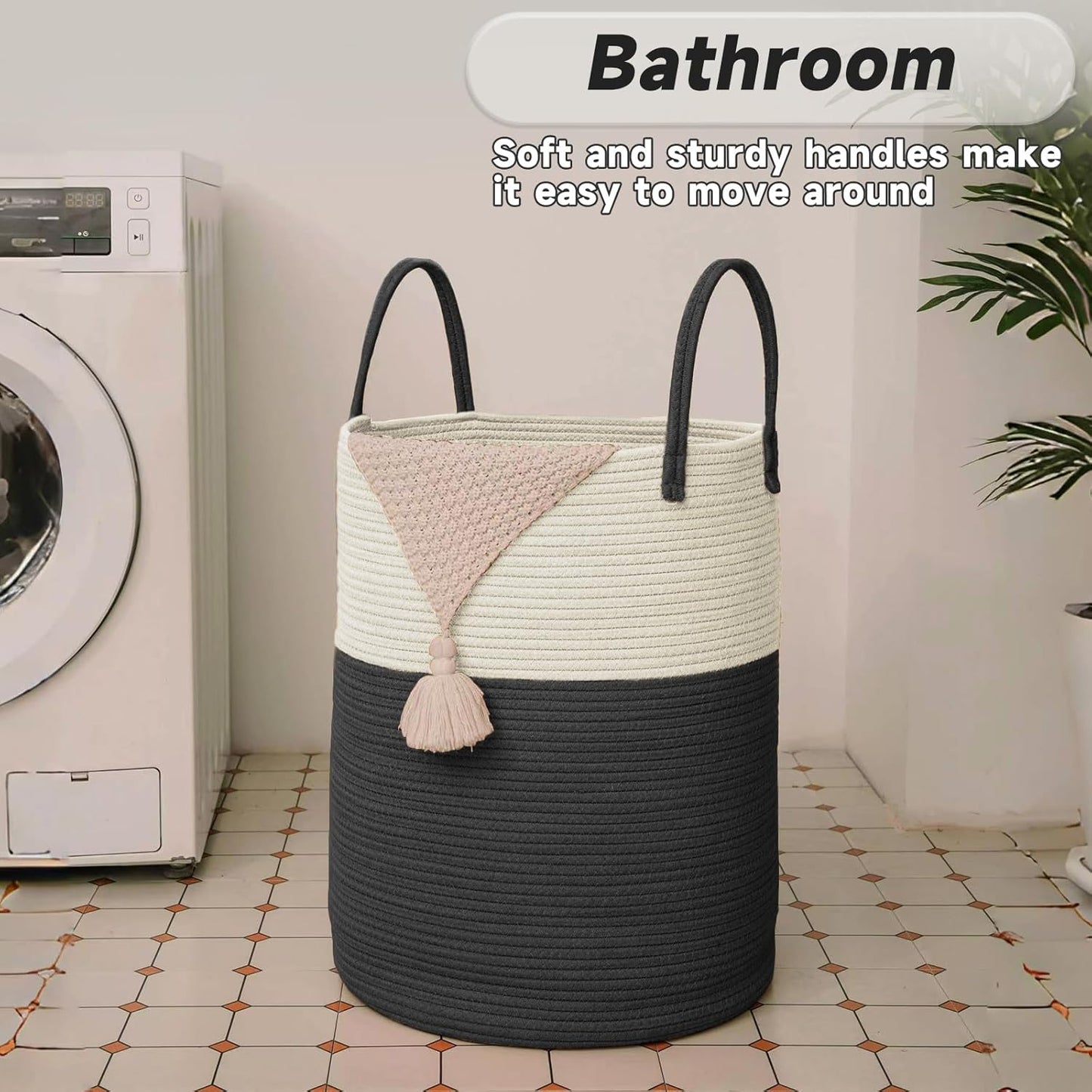 Large Woven Laundry Basket Hamper,80L Cotton Rope Storage Bin for Blankets,Toys and Clothes,Decorative Tall Nursery Hamper for Living Room,Baby Nursery,Bathroom and Bedroom,White and Black