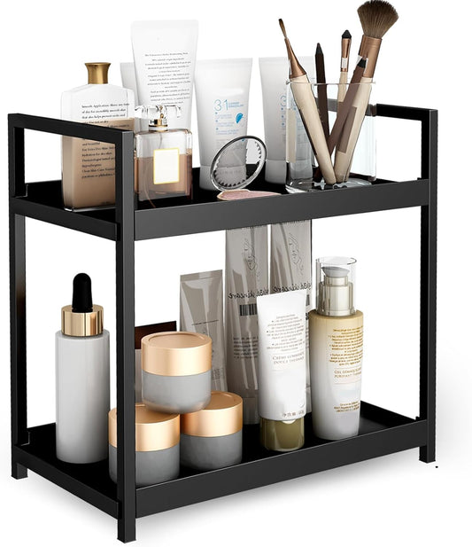 2-Tier Bathroom Countertop Organizer Multifunctional Vanity Tray Cosmetic and Makeup Storage Rack Kitchen Spice Shelf Freestanding Organizer (Black)