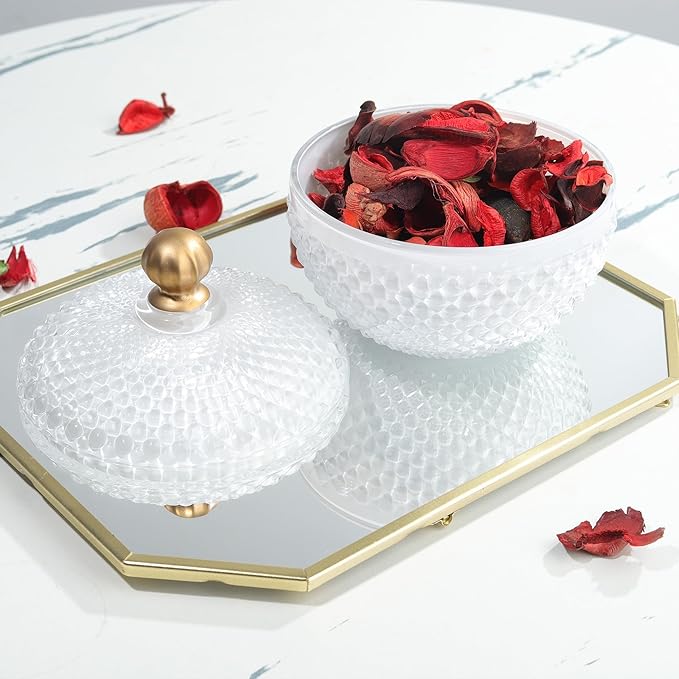 Joeyan 12 oz Small White Glass Jars with Lid,Embossed Glass Candy Dishes,Diamond Faceted Food Container,Decorative Jewelry Box Apothecary Canisters,Colored Kitchen Bathroom Buffet Storage Organizer