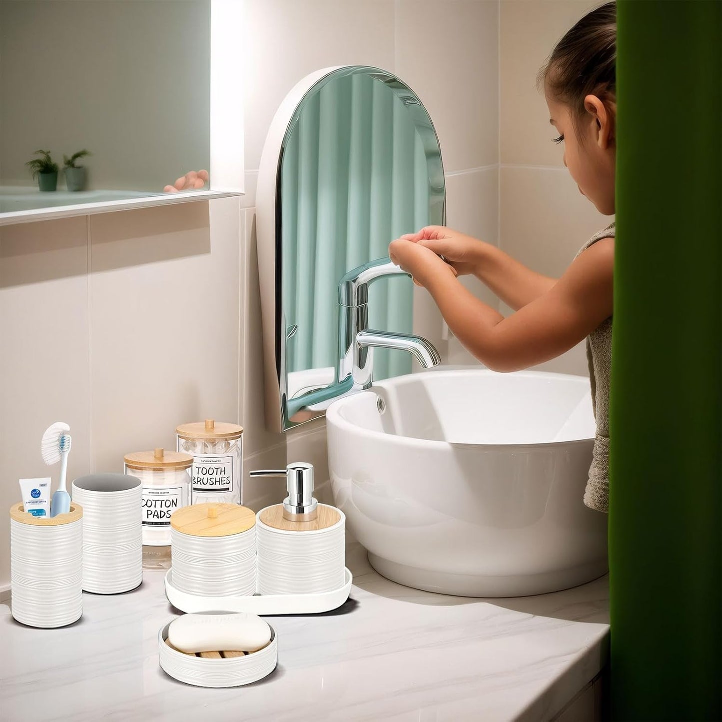 IMAVO Bathroom Accessory Set-11Pcs White Bathroom Accessories Set with Trash Can,Soap Dispenser,Soap Dish,Toothbrush Holder,Toothbrush Cup,Toilet Brush Holder,Qtip Holder Dispenser with Labels