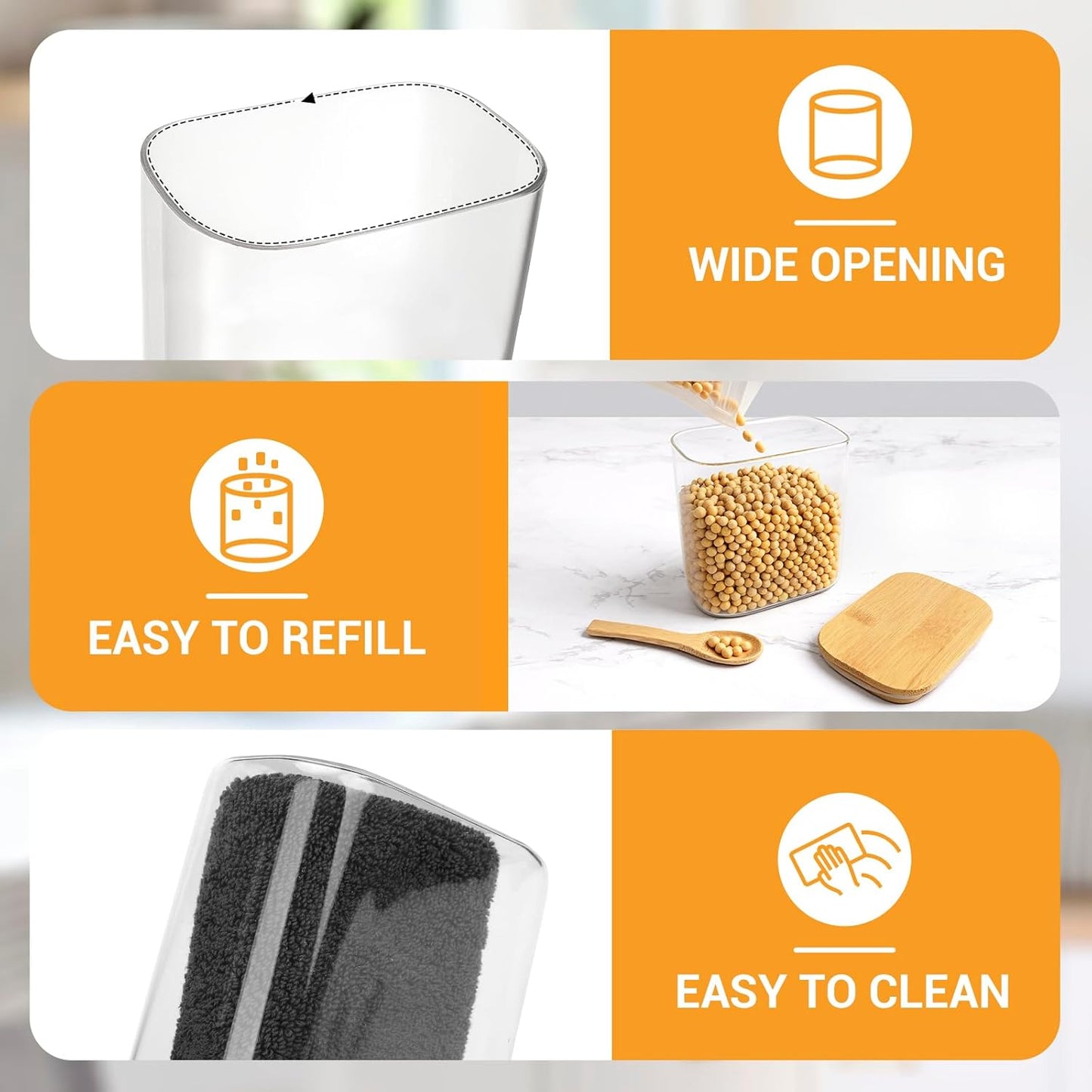 27oz Glass Storage Jars Set of 4, Rectangle Glass Jars with Bamboo Lids, Clear Empty Kitchen Pantry Storage Containers, Loose Tea Container for Sugar, Coffee Bean, Cereal, Flour, Spice, Nuts