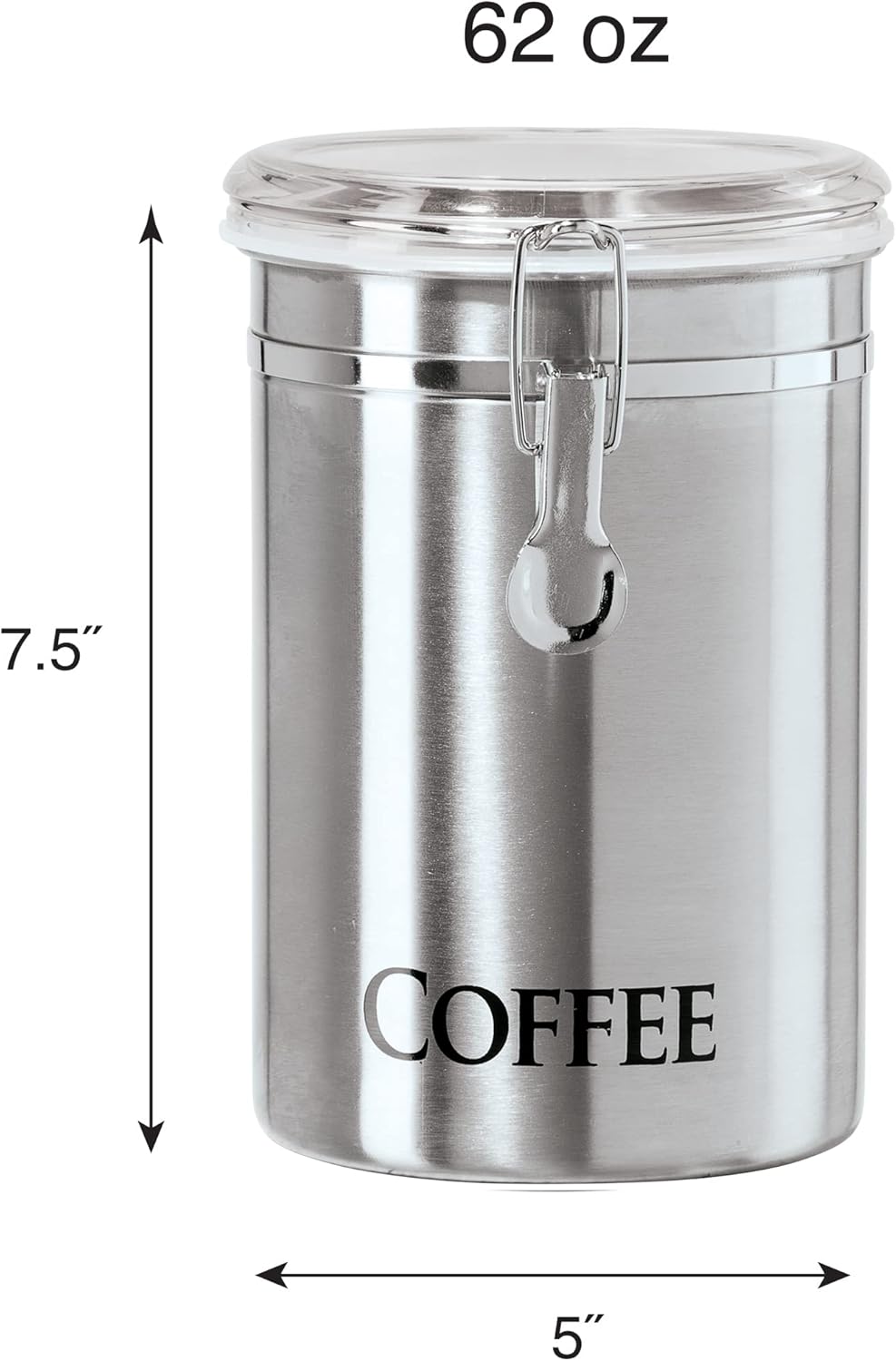 Oggi Stainless Steel Coffee Canister 62 fl oz - Airtight Clamp Lid, Clear See-Thru Top - Ideal for Coffee Bean Storage, Ground Coffee Storage, Kitchen Storage, Pantry Storage. Large Size 5" x 7.5".
