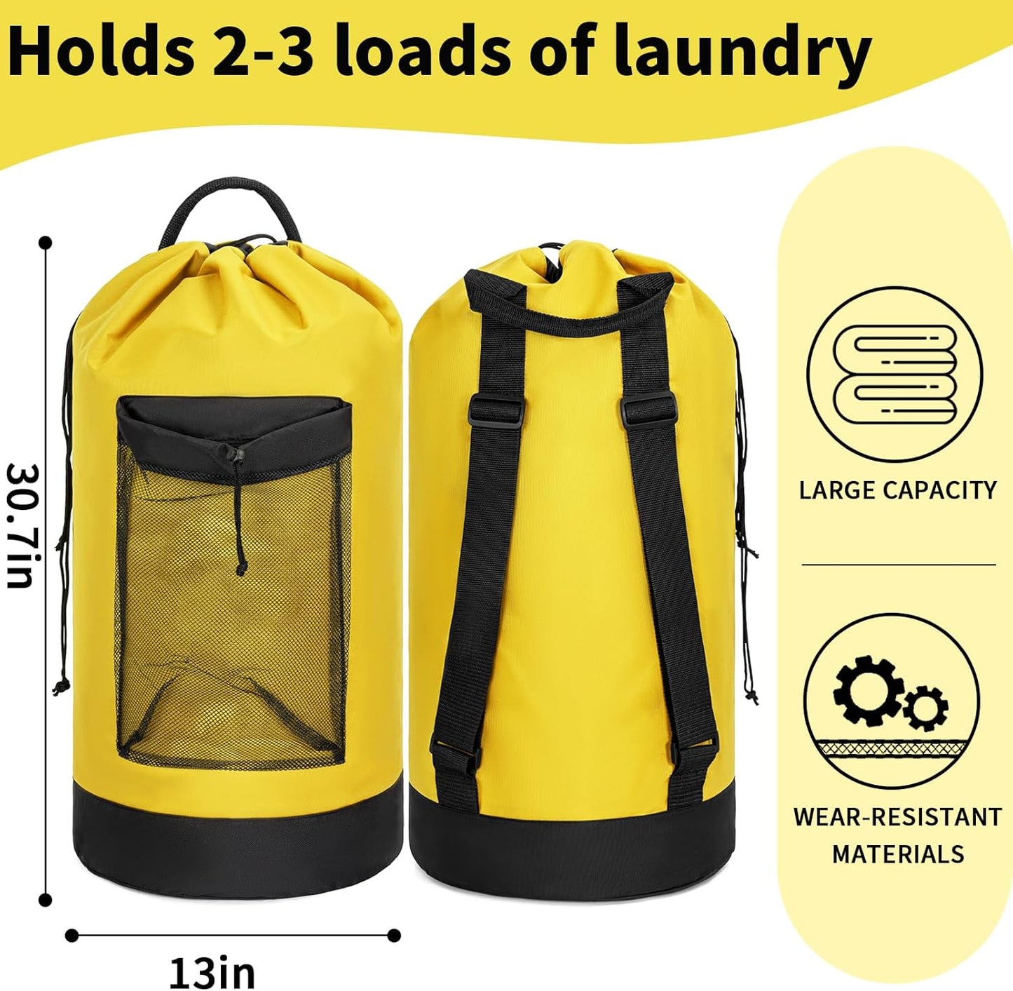 Laundry Bag Backpack with Shoulder Straps and Mesh Pocket Foldable Clothes Hamper Bag with Drawstring Closure for College, Apartment, Laundromat (Yellow)