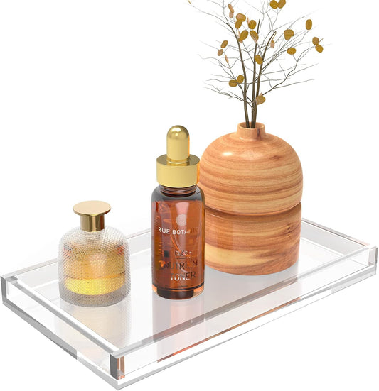 Vanity Tray 8mm Thicken Clear Acrylic Organizer Tray 10.5 * 6" for Bathroom Sink Countertops, Dresser Tops, Toilet, Perfume, Soap, Rings, Earrings and Necklace Small Decorative Tray for Home