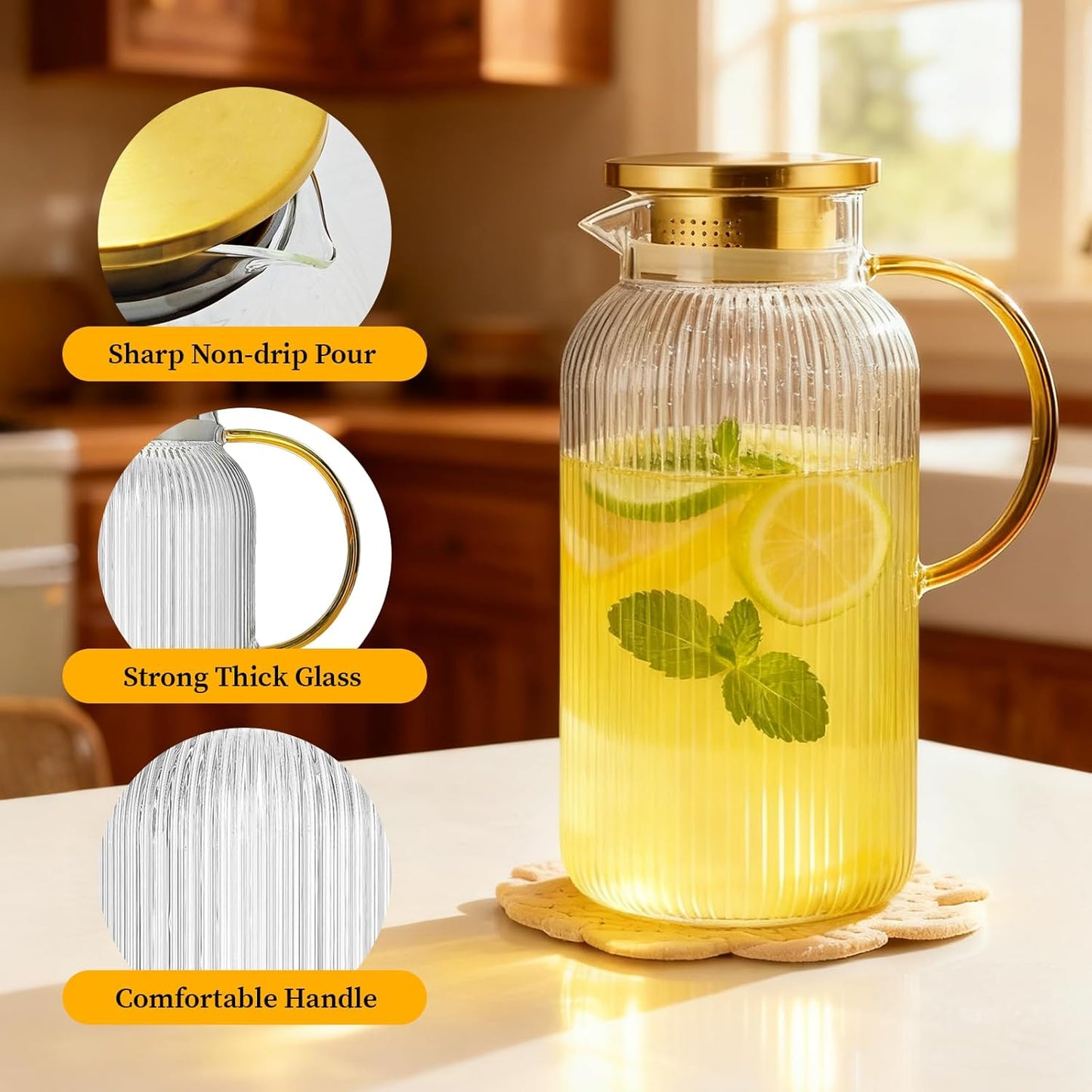 2 Pack Glass Pitcher with Lid, 68 oz/2 Liter Vertical Stripe Round Pitcher with Handle, Heat Resistant, Suitable for Refrigerator Storage, Iced Tea, Coffee, Lemonade, Juice, and Beverage Container