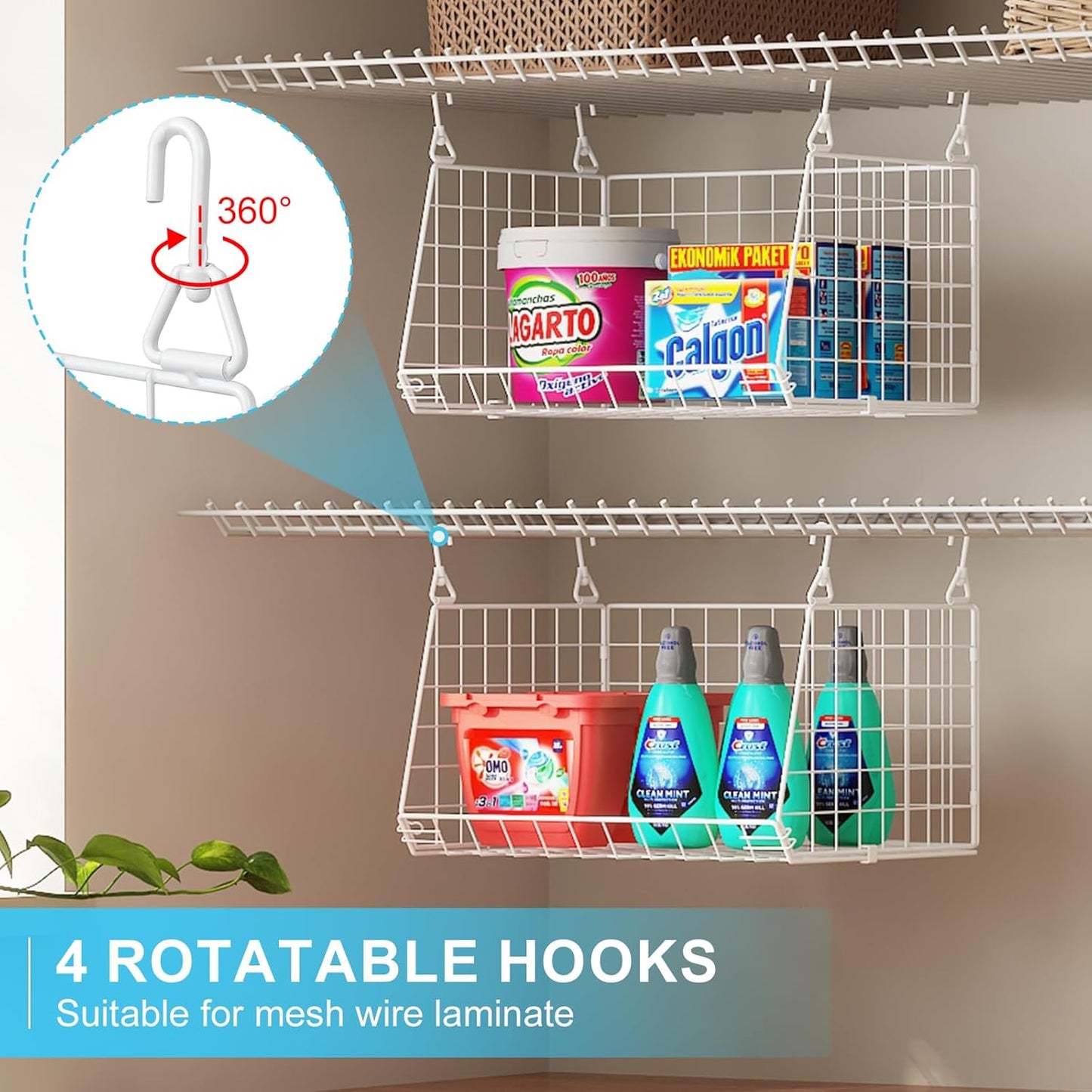 3-Tier Hanging Laundry Basket Organizer：Foldable Wire Shelf Laundry Room Organizer with 360°Rotating Hooks Small Space Solutions Closet Hanging Organizer - Laundry Organization, White Patent