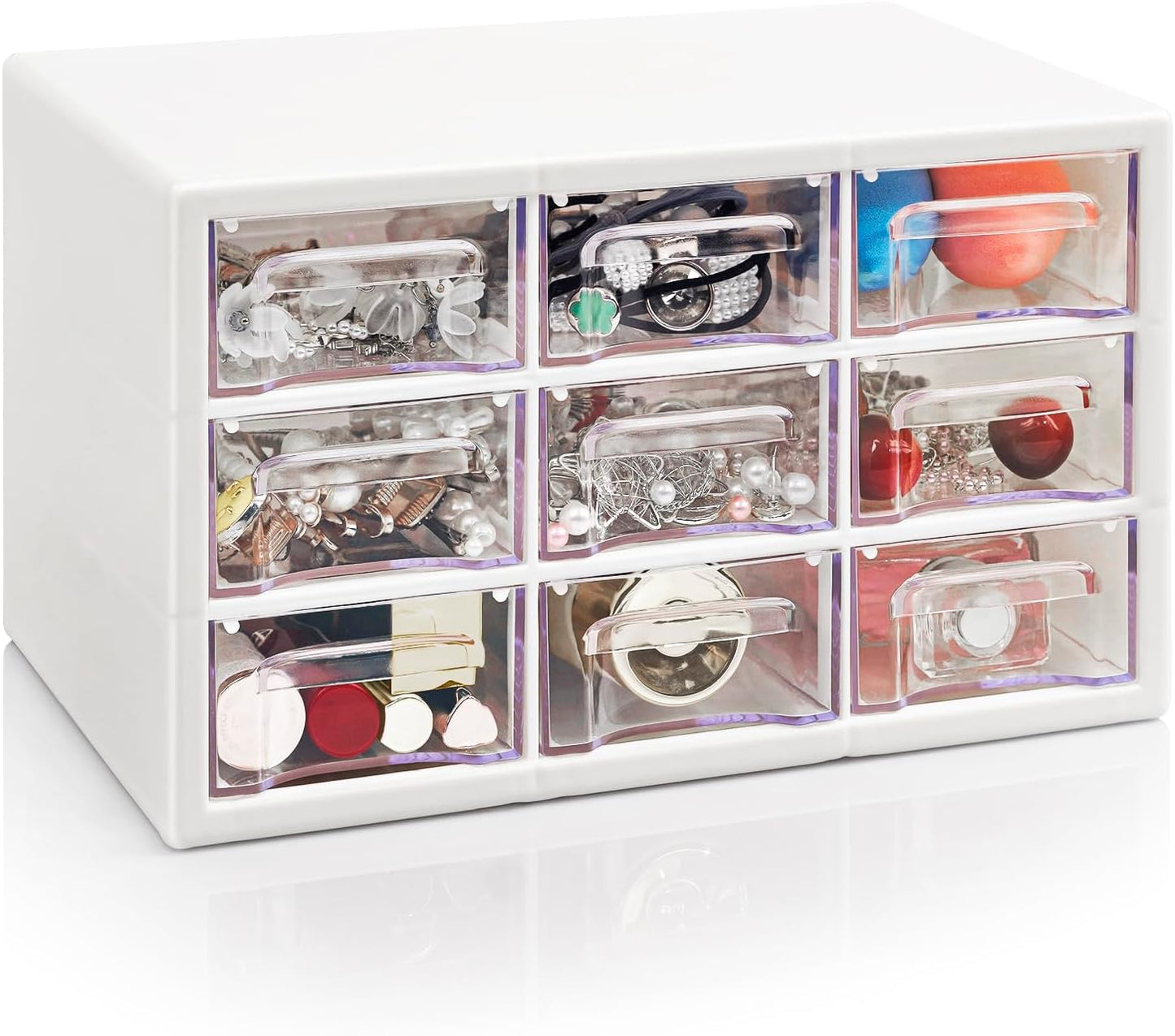Desk Storage Organizer with 9 Drawers, FODIENS Stackable Desktop Craft Drawer Cabinet, Clear Storage Box Caddy for Makeup Jewelry Office Craft Supplies (9.84×6.3×5.9in) (White)
