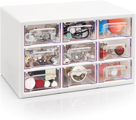 Desk Storage Organizer with 9 Drawers, FODIENS Stackable Desktop Craft Drawer Cabinet, Clear Storage Box Caddy for Makeup Jewelry Office Craft Supplies (9.84×6.3×5.9in) (White)