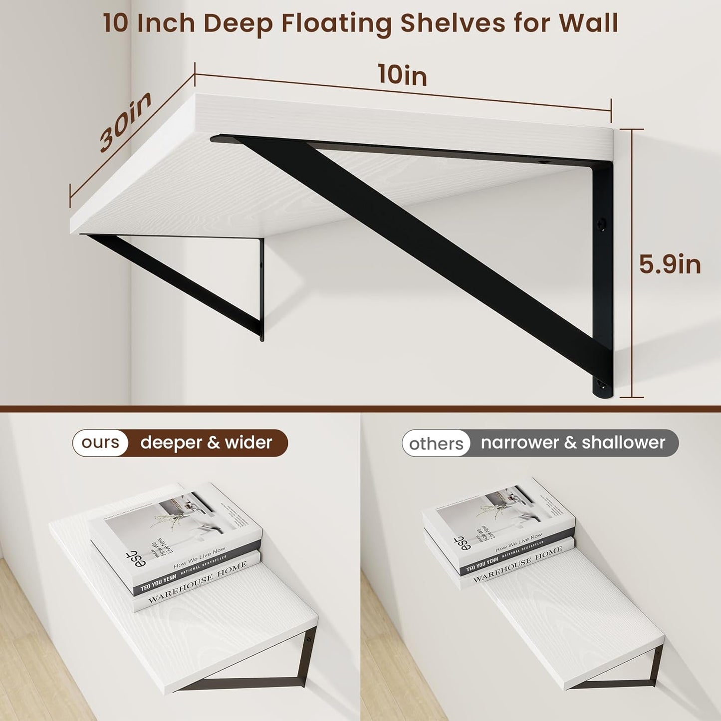 Axeman White Floating Shelves for Wall - 30 Inch Wide x 10 Inch Deep Floating Shelves Set of 2 -White Wide Wall Shelves for Living Room Bathroom Bedroom
