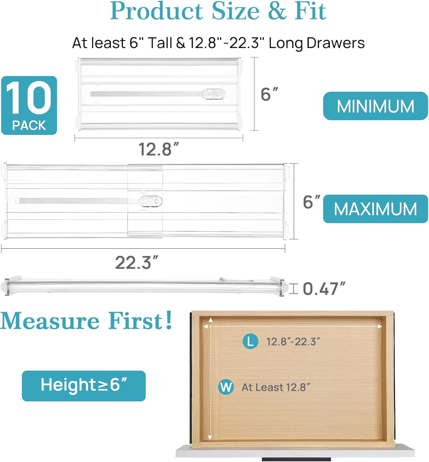 Vtopmart 10 Pack 6" Tall Upgrade Drawer Dividers for Big and Deep Drawer, 12.8"-22.3" Adjustable Expandable Dresser Drawer Organizer, Clear Plastic Separators for Dresser, Baby Supplies, Kitchenware