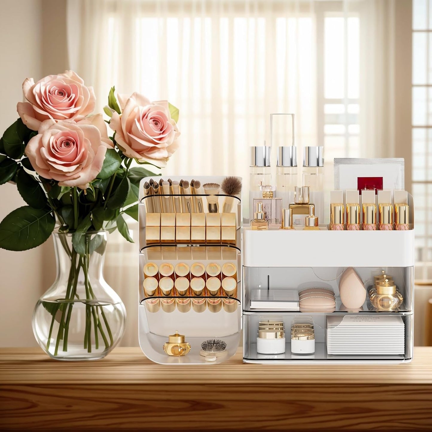 Makeup Organizer with 2 M Drawers & Brush Holders - Cosmetic Storage Case for Vanity, Bathroom Countertop & Desk - Skincare & Office Supplies Organizer (White, M)