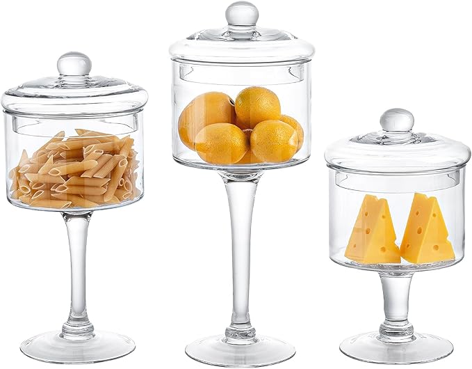 MyGift 3-Piece Clear Glass Apothecary Candy Jar Set with Lids – Decorative Party Display Containers for Wedding Centerpieces, Dessert Tables, Kitchen Counter Storage, and Bathroom Décor