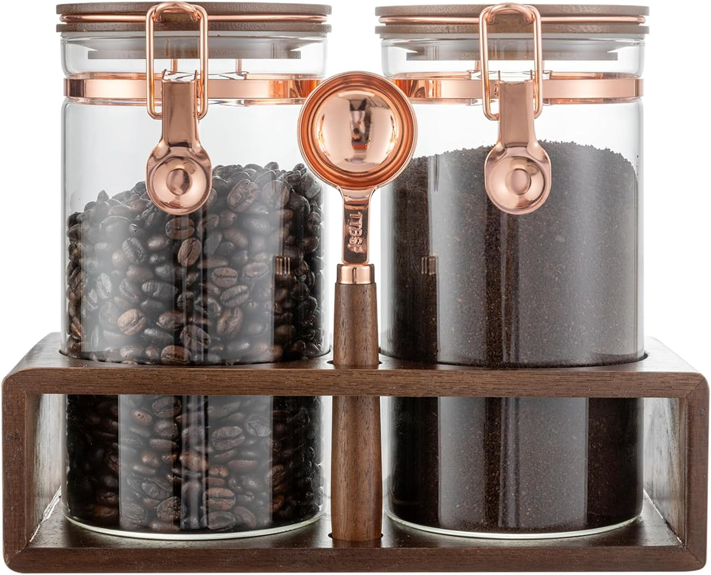 Glass Coffee Canister Set with Shelf and Spoon, Set of 2 Coffee Containers for Storing Ground Coffee Beans, Sealed, Coffee Bar Coffee Filter Holder