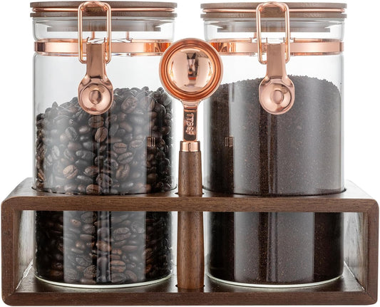 Glass Coffee Canister Set with Shelf and Spoon, Set of 2 Coffee Containers for Storing Ground Coffee Beans, Sealed, Coffee Bar Coffee Filter Holder