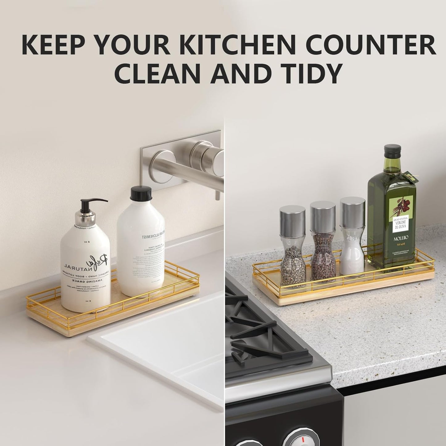 Bathroom Tray for Counter Top Organizer – Oak Wood Vanity Tray with Metal Frame for Dresser, Kitchen, Nightstand – Gold & Oak Decorative Storage