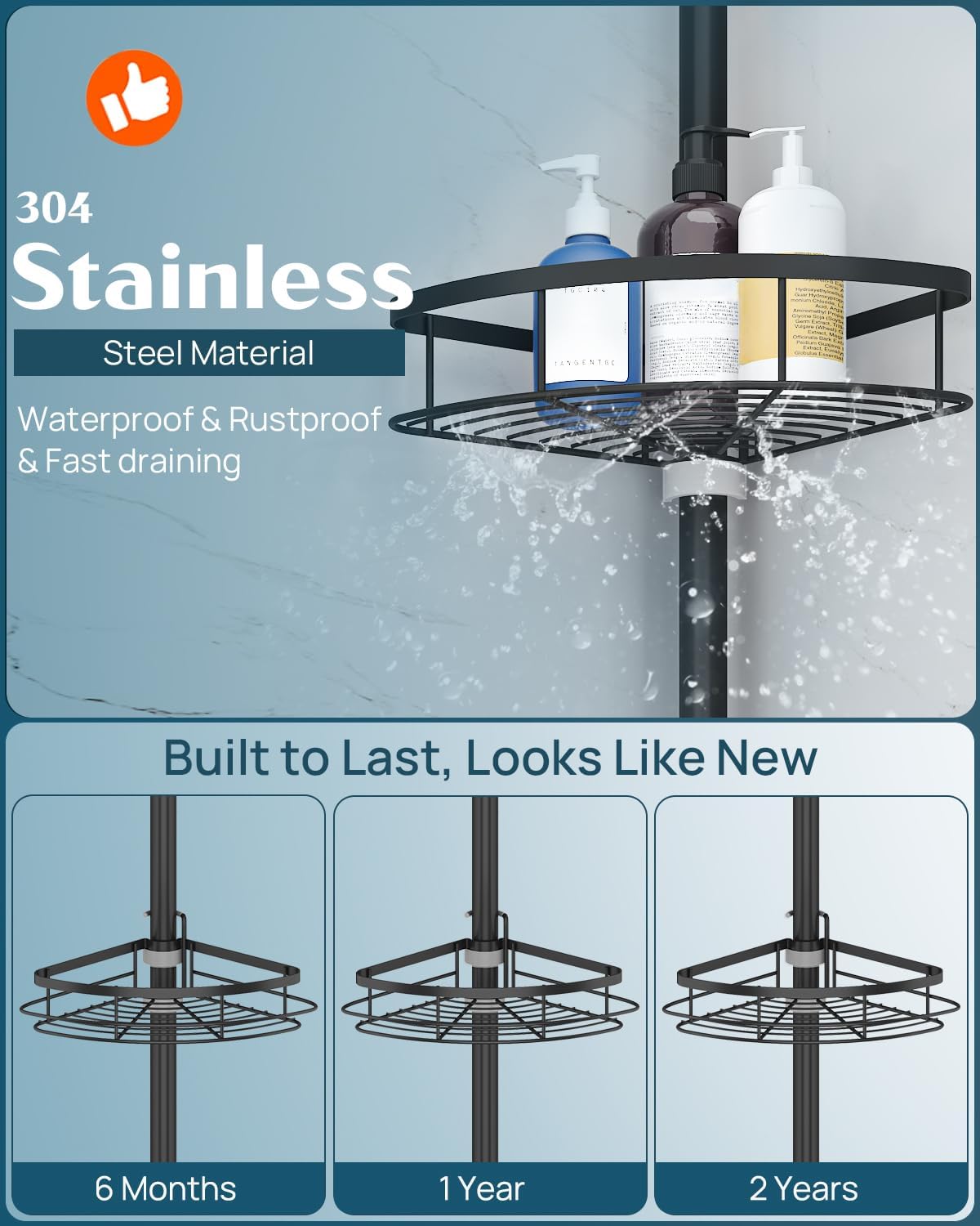 SEIRIONE Corner Shower Caddy Tension Pole, Rustproof Bathroom Shower Organizer Corner, 4-Tier Adjustable Bathroom Shelf, Solid Rack Ideal for Bathtub Storage, 34 to 116 Inch Height, Black