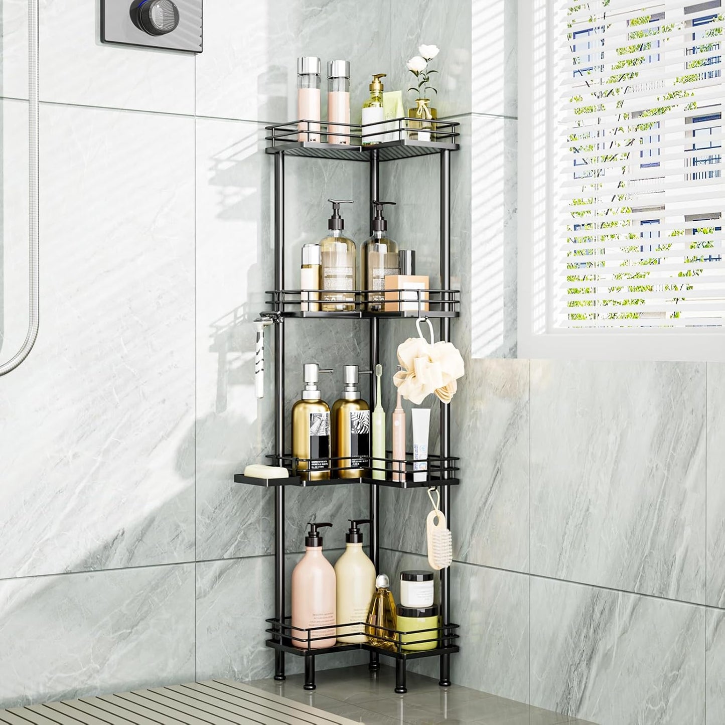 Consumest Corner Shower Caddy Standing - 4-Tier Stainless Steel Shower Organizer with Soap Holder and 4 Hooks, Large Capacity Corner Shelf Stand for Bathroom, Rest Room, Black