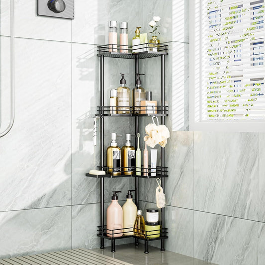 Consumest Corner Shower Caddy Standing - 4-Tier Stainless Steel Shower Organizer with Soap Holder and 4 Hooks, Large Capacity Corner Shelf Stand for Bathroom, Rest Room, Black