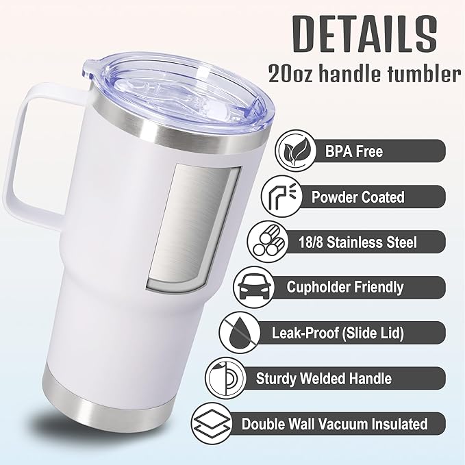 20 oz Tumbler with Handle and Lid, Stainless Steel Tumbler Insulated Travel Coffee Mug, Spill Proof Double Wall Vacuum Tumbler Cup Keep Drink Hot & Cold,White, 1 Pack
