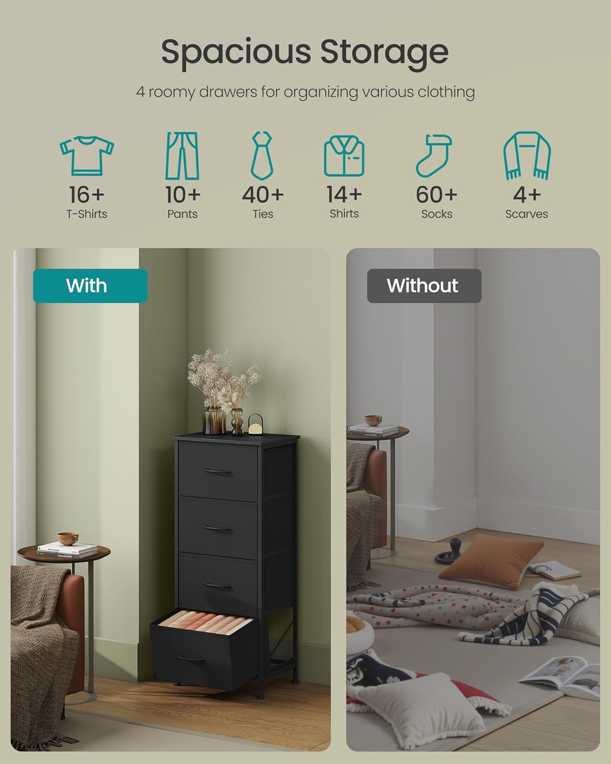 SONGMICS Dresser for Bedroom, Chest of Drawers, Steel, MDF, 4 Non-Woven Fabric Drawers, Storage Organizer Unit, Closet, Entryway, Ink Black and Ebony Black ULGS314B01S