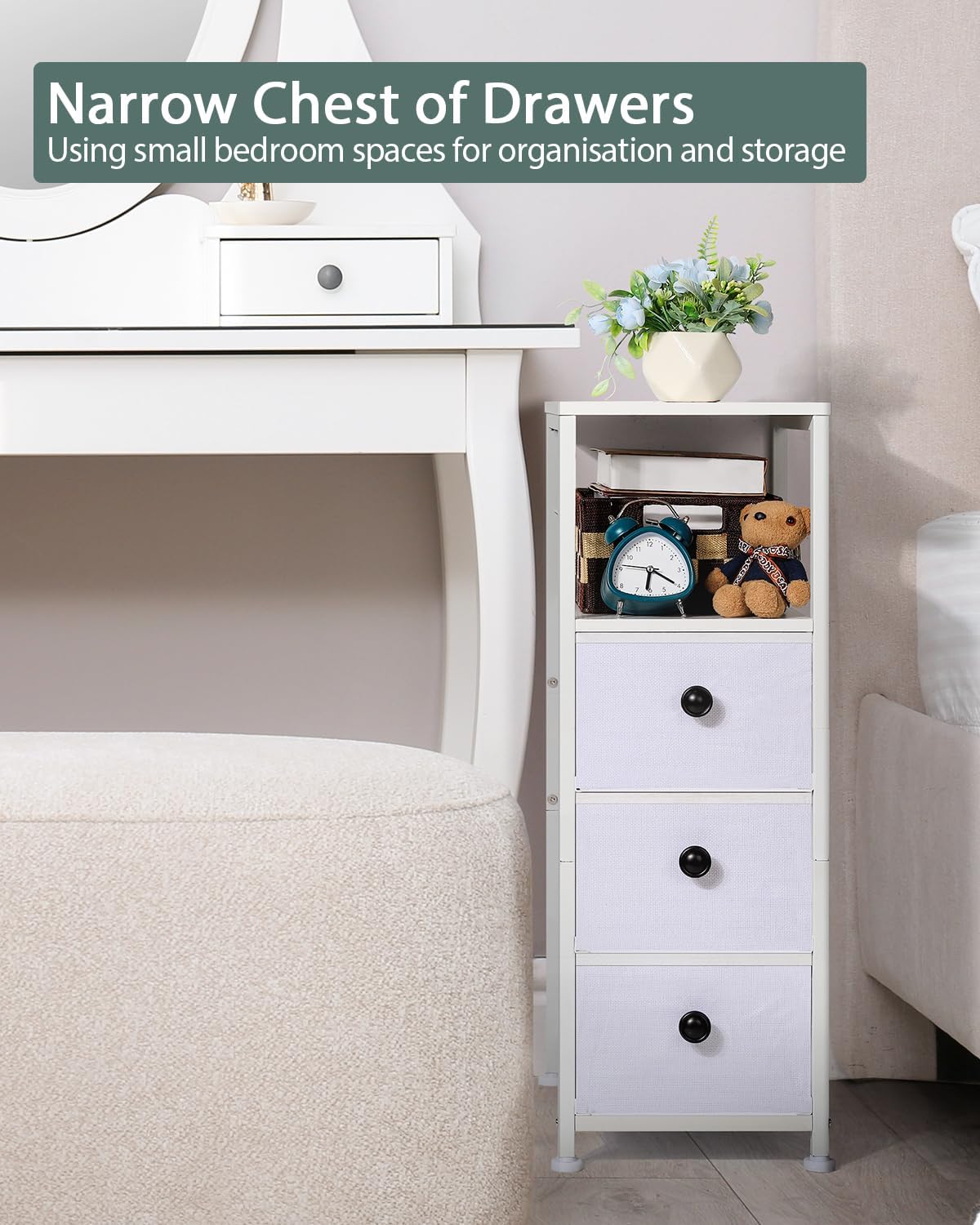 MOOACE Narrow Dresser for Bathroom, Slim Dresser Storage Cabinet, Chest of 3 Fabric Drawers with Wood Shelf, Bedroom Organizer Tower for Small Space, Closet, Laundry, White