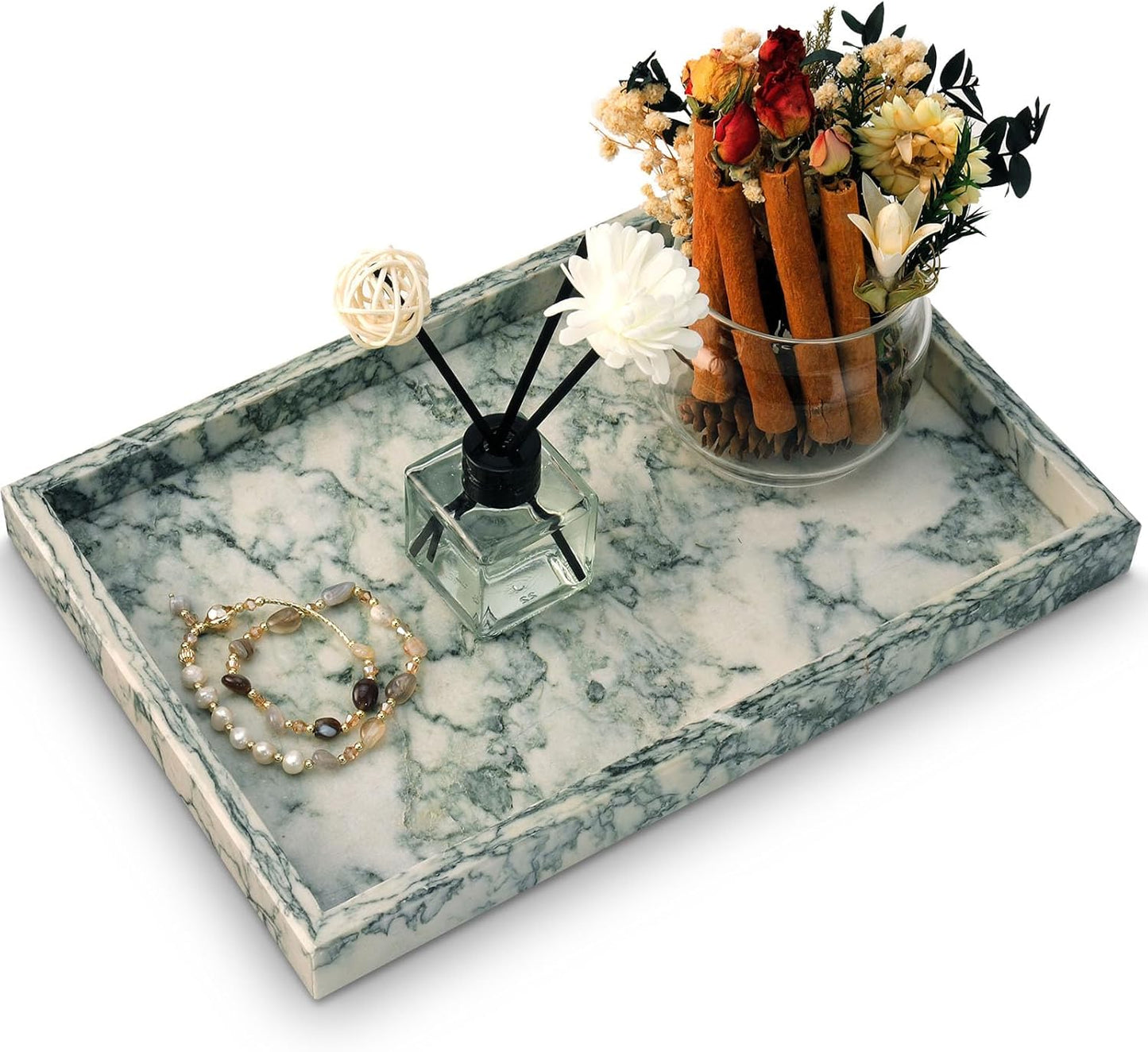 Marble Bathroom Tray,Pure Natural Vanity Tray,Marble Tray for Kitchen Counter Non-Ceramic/Non-Resin,Stone Trays 12 x 8 inch Cyan Green