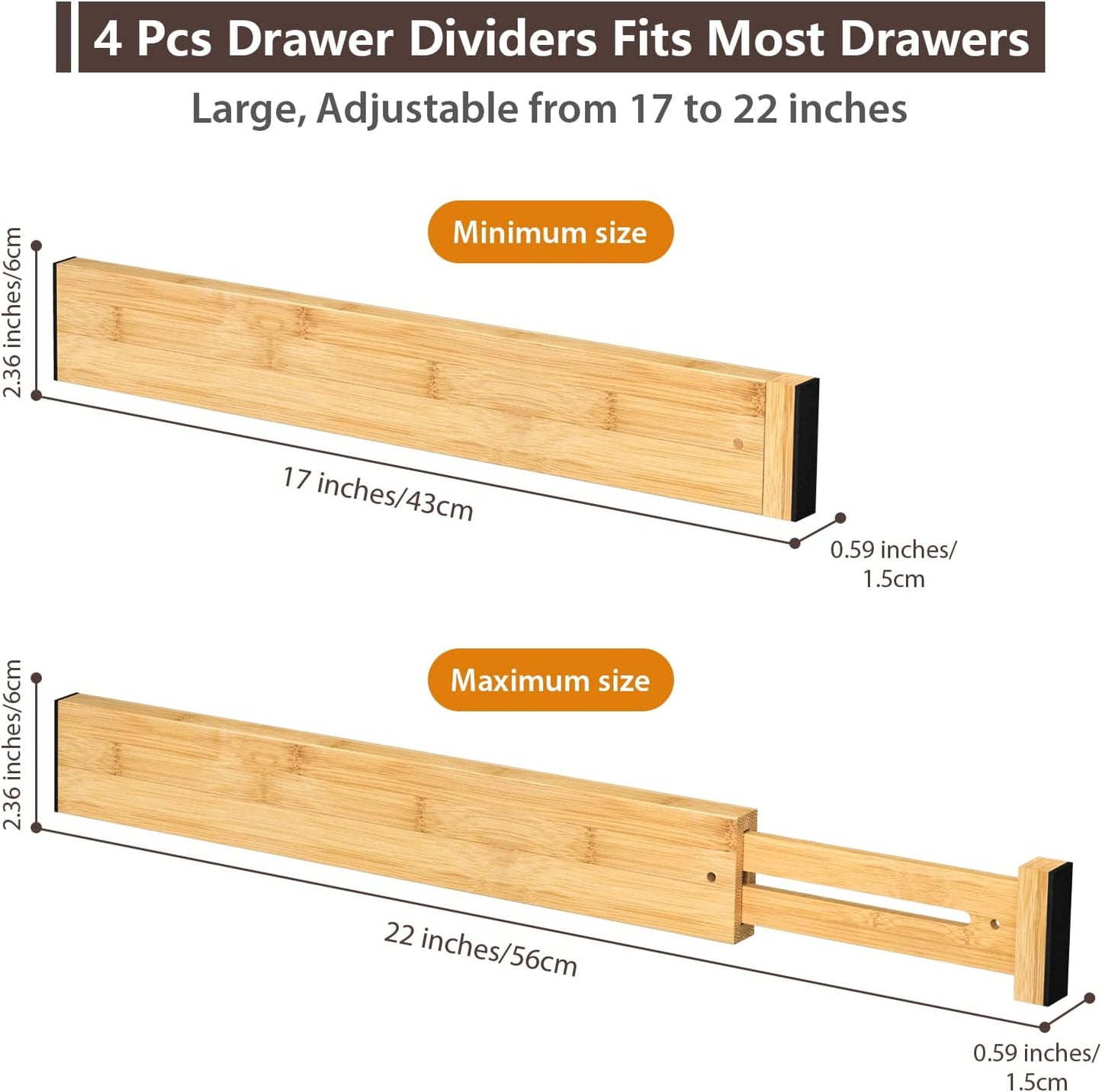 4 PCS Drawer Divider, 17"-22" Adjustable Bamboo Drawer Dividers Organizers, Expandable Separators for Kitchen, Clothes, Dressers, Home, Office
