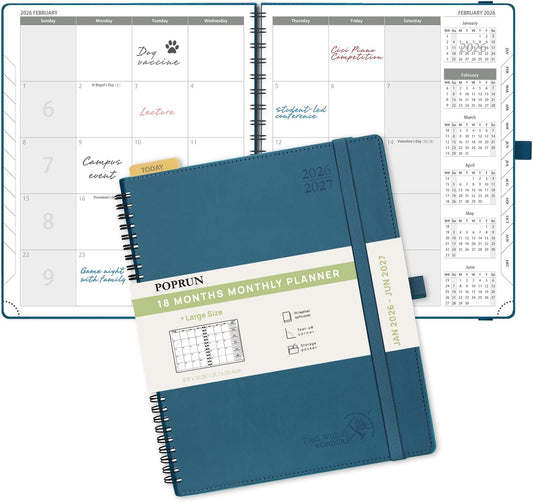 POPRUN Monthly Planner 2026-2027 (Large 8.5" x 10.5") 18 Months Calendar (Jan 2026 - Jun 2027) - 4 Pages per Month with Expense & Notes, Stair-like tabs, Leather Cover, Sunday Starts - Night Sky Blue