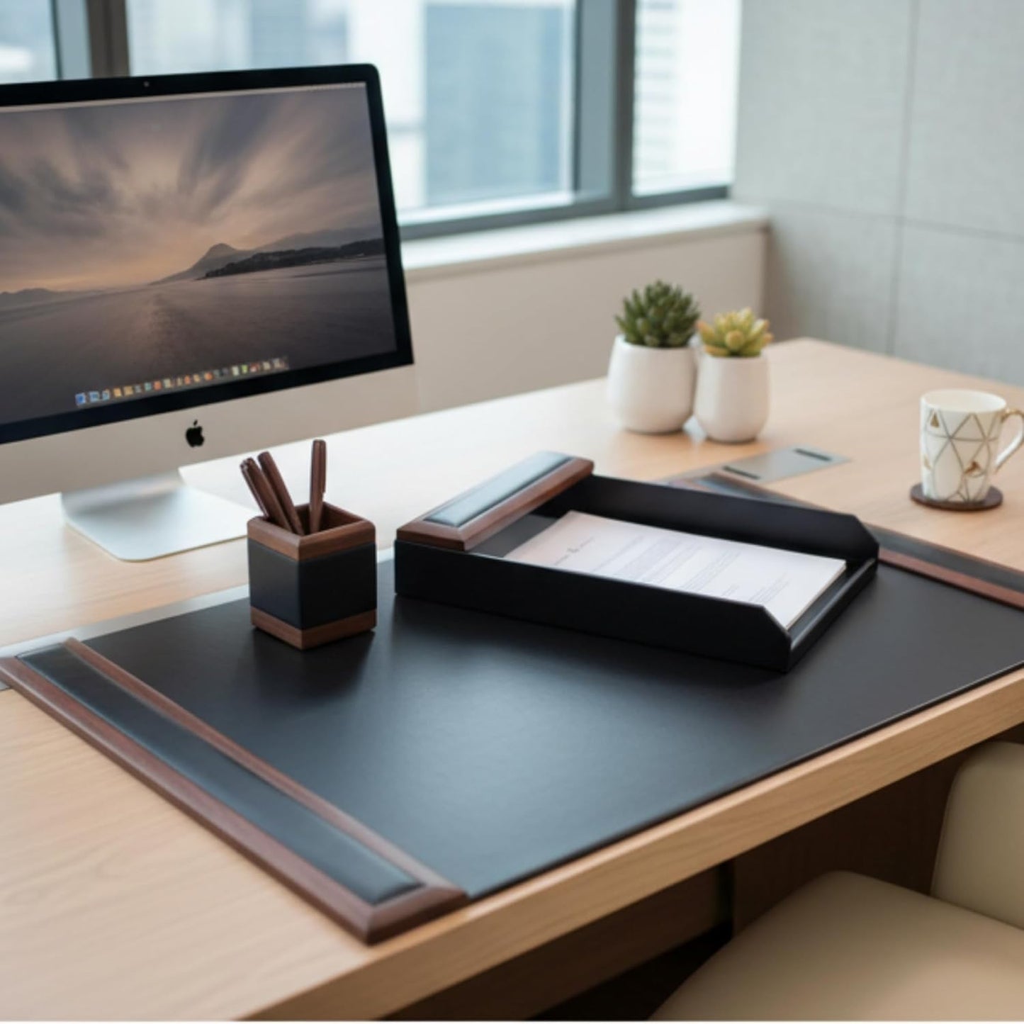 Dacasso Walnut and Leather Desk Set, 3-Piece