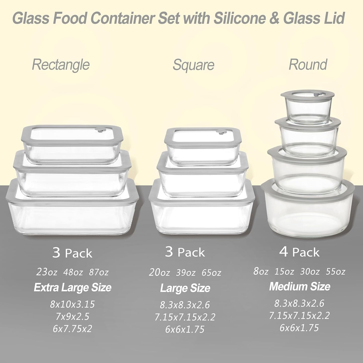 Glass Food Containers with Glass Lid, Microwave Safe Food Storage Container Set, 3 Pack, Square Shape, Food Containers with Lids, Meal Prep containers with Leak Proof Lid.