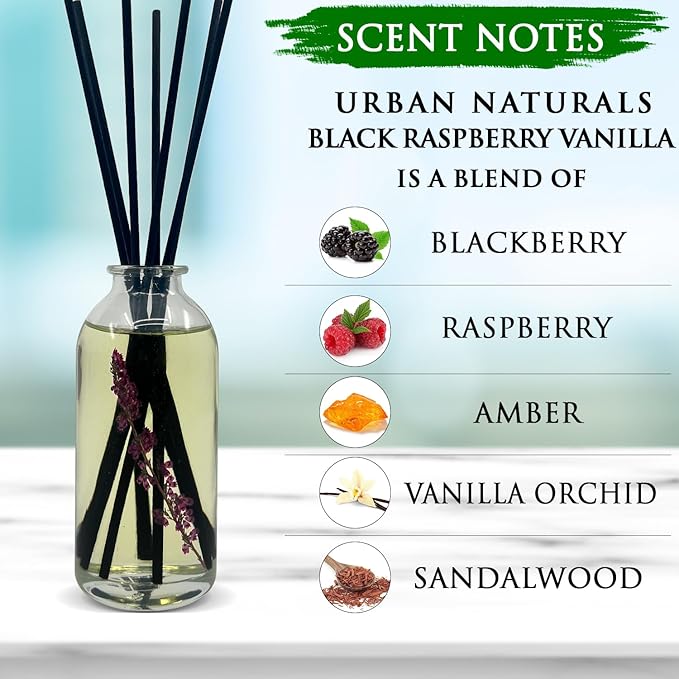 Urban Naturals Black Raspberry Vanilla Reed Diffuser Set | Made with Essential Oils & Real Botanicals | BlackBerry, Raspberry, Amber, Vanilla Orchid & Sandalwood | Made in The USA