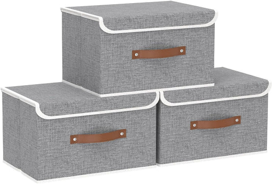 Yawinhe Collapsible Storage Boxes, Foldable Bin with Lids, Cube Clothes Organizer Basket with Handles, Grey, 13.0''Lx9.0''Wx7.9''H, 3-Pack, SNK024GS-3